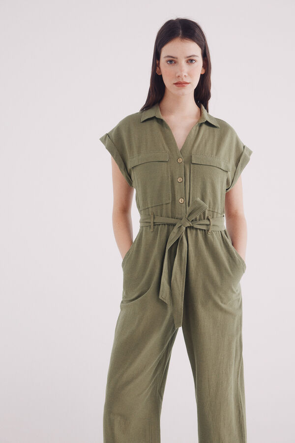 Springfield Jumpsuit camisero algod&oacute;n lino kaki