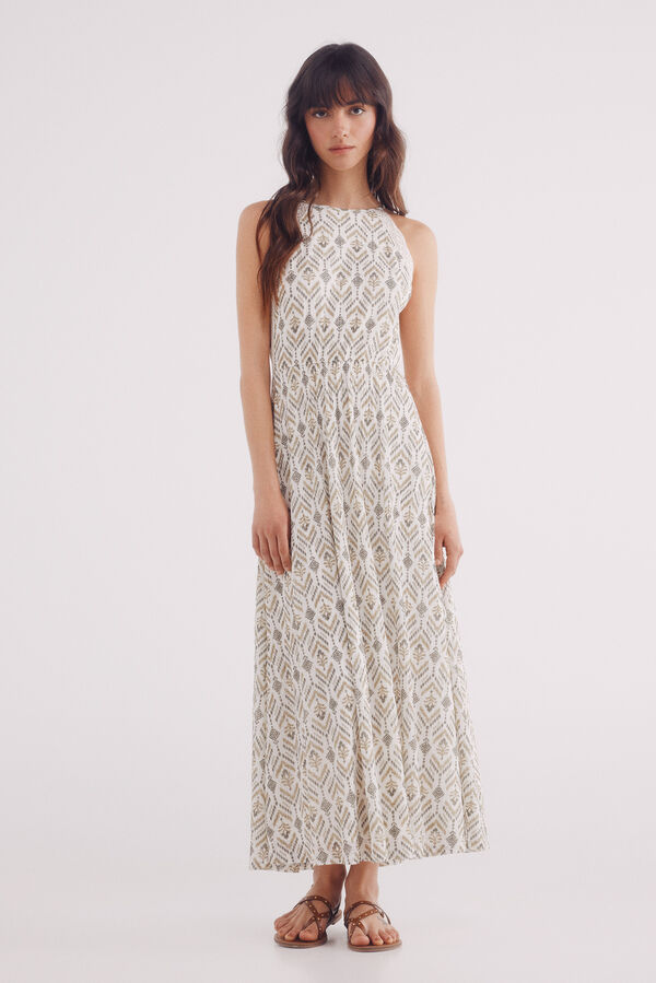 Springfield Vestido midi estampado étnico beige