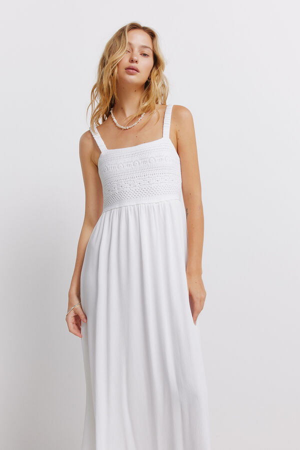 Springfield Vestido midi de tirantes de crochet natural