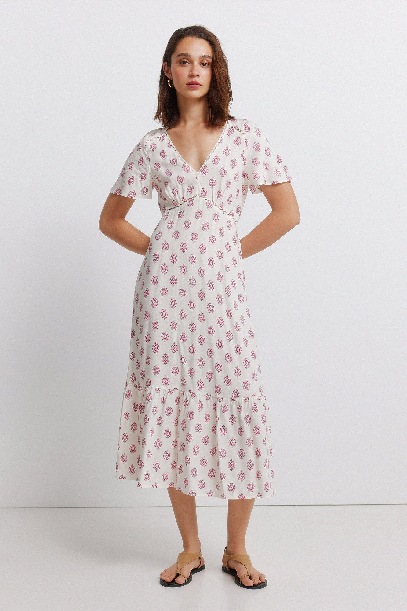 Springfield Vestido midi de encaje de manga corta