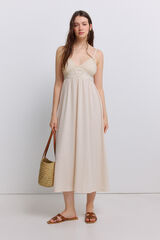 Springfield Vestido midi de tirantes de crochet beige
