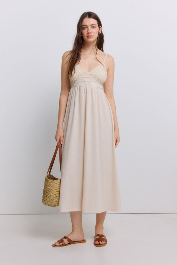 Springfield Vestido midi de tirantes de crochet beige
