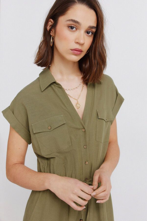Springfield Jumpsuit de lino con bolsillos kaki