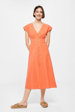 Springfield Vestido Midi Liso Botones Lino Algodón naranja