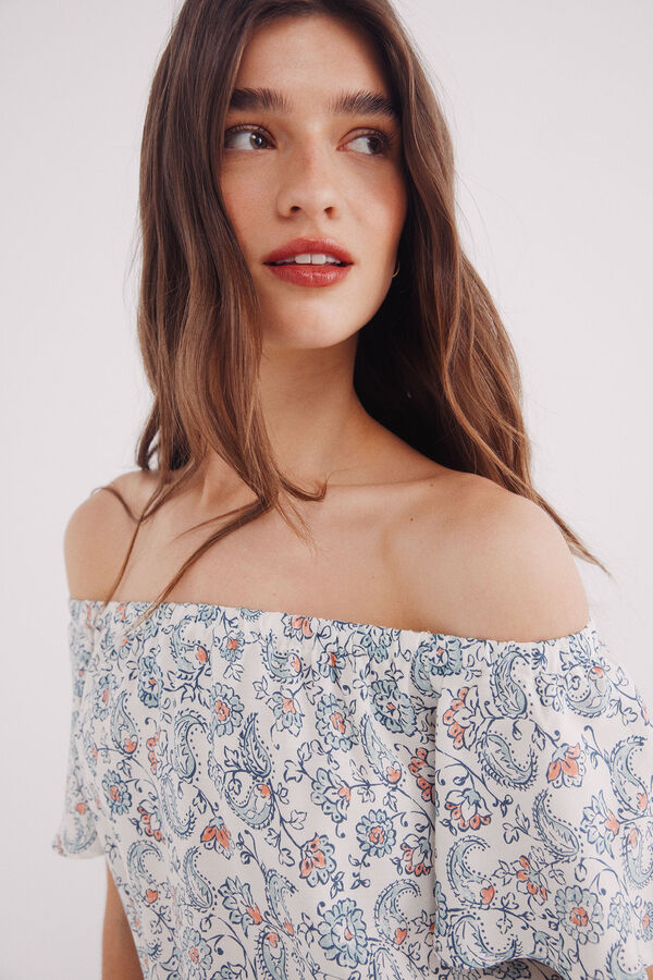 Springfield Vestido midi estampado escote hombros marfil