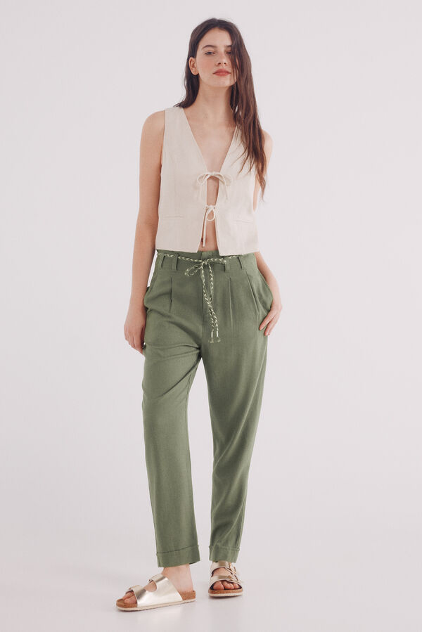 Springfield Pantalón pinzas lino kaki