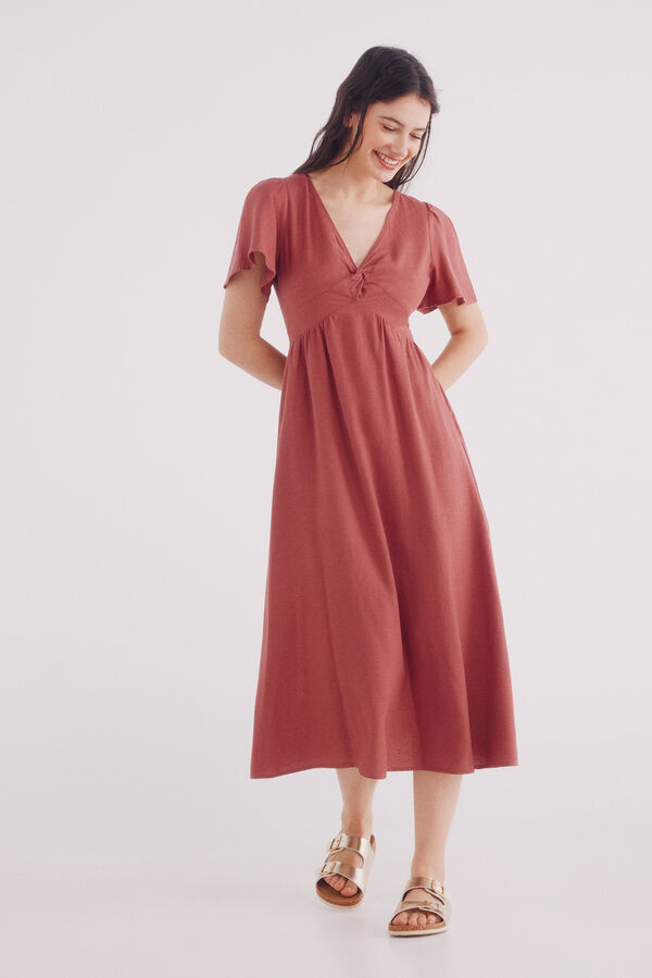Springfield Vestido midi escote nudo lino morado/lila