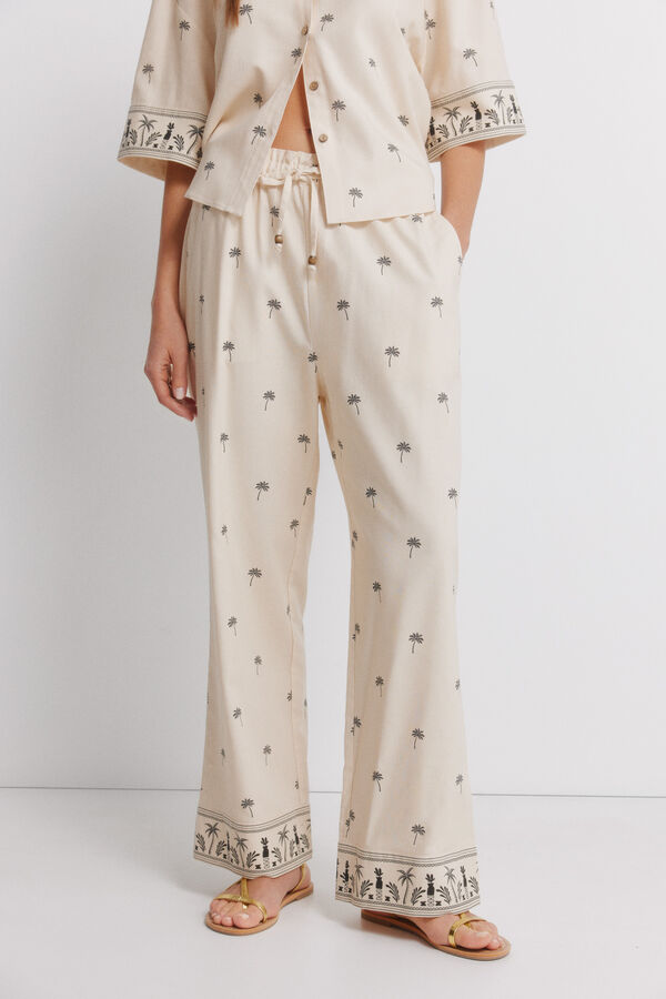 Springfield Pantal&oacute;n de lino estampado caf&eacute;