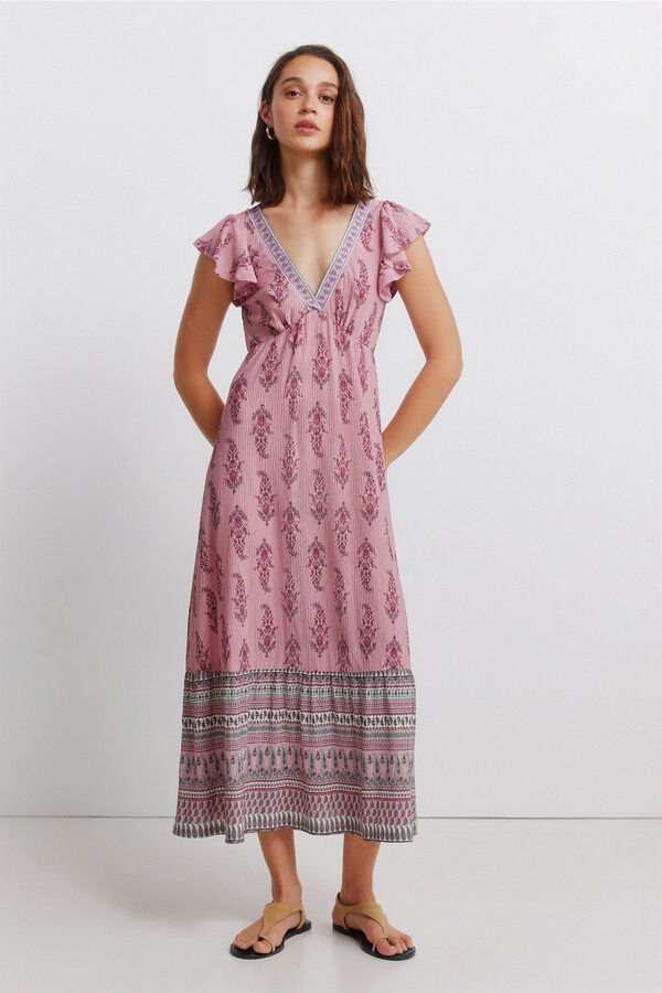 Springfield Vestido midi con volantes estampado cenefa morado/lila