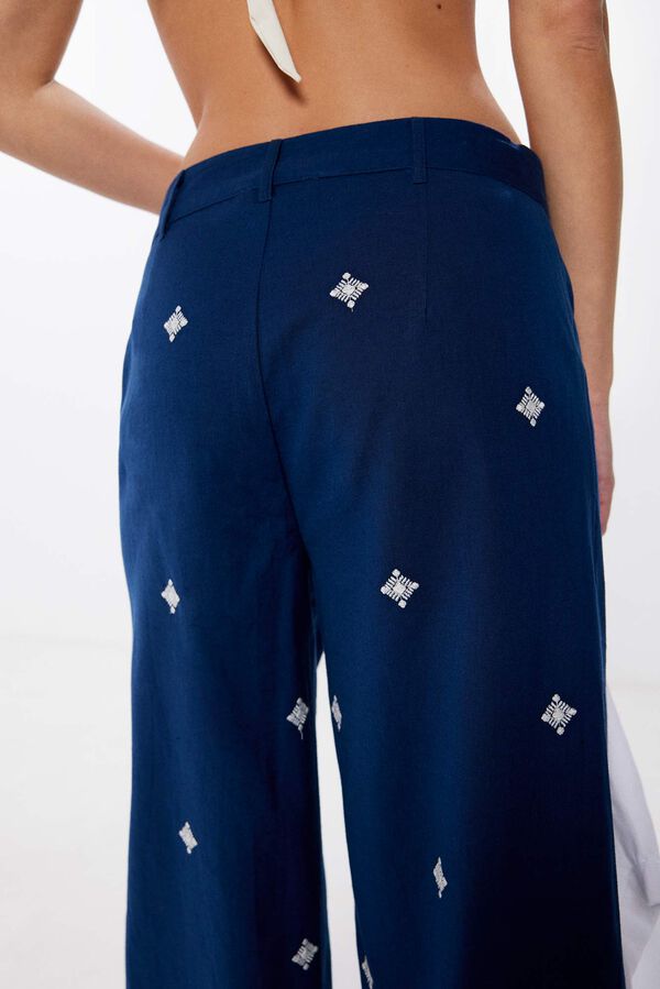Springfield Pantalones bordados algodón lino marino