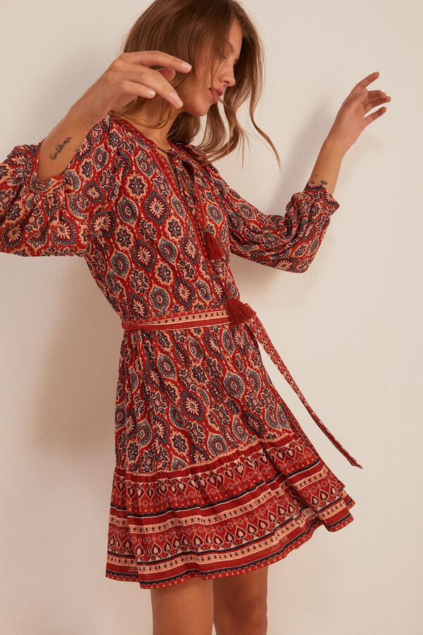 Springfield Vestido Estampado Cenefas &Eacute;tnicas naranja