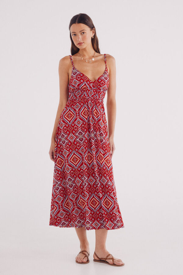 Springfield Vestido midi estampado detalles trenzados rojo
