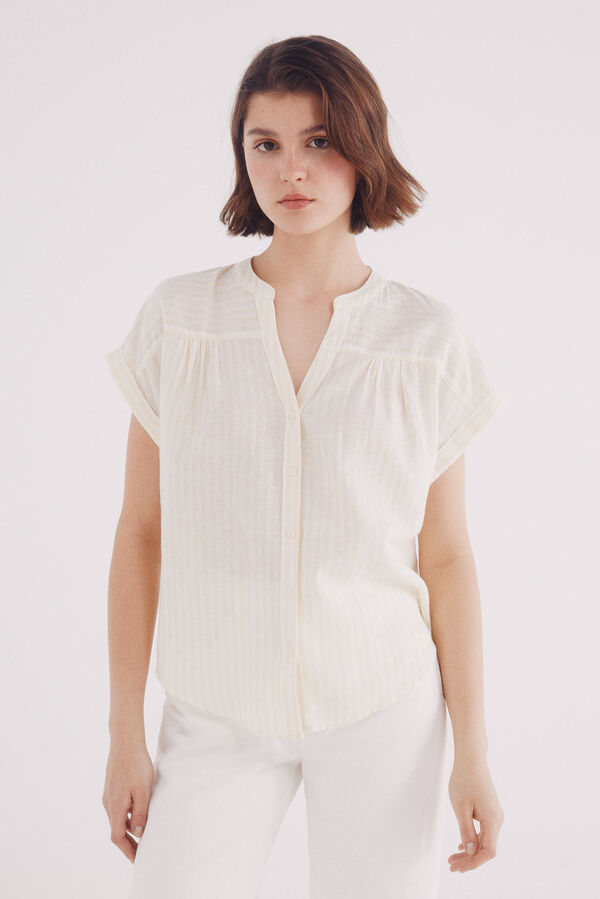 Springfield Blusa escote pico algodón lino amarillo
