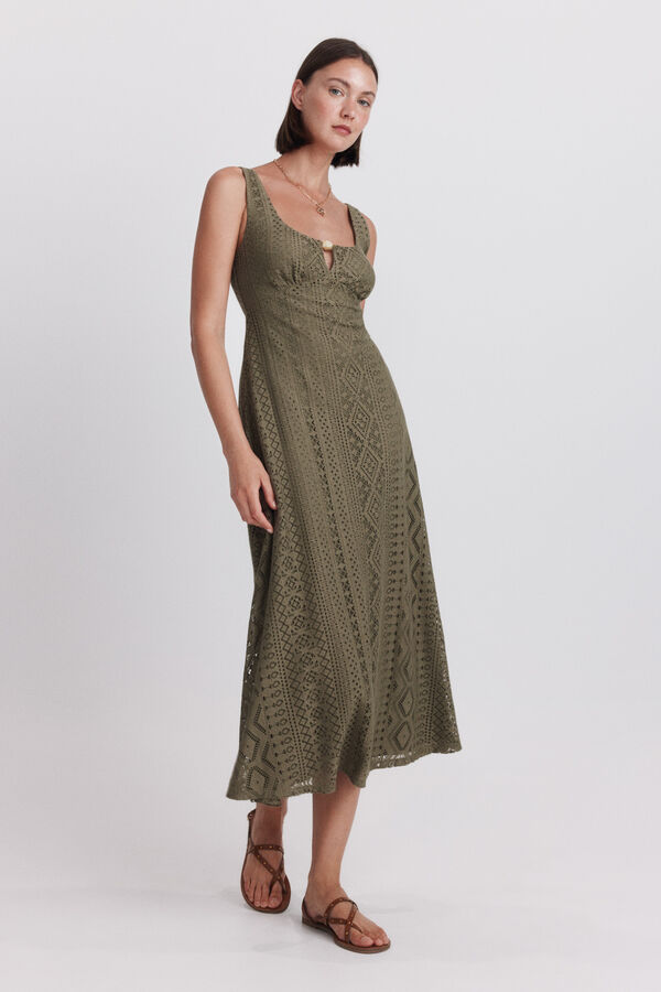Springfield Vestido midi de tirantes de crochet khaki