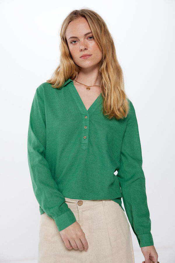 Springfield Blusa polera algodón lino verde