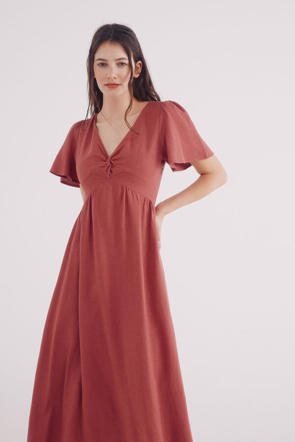 Springfield Vestido midi escote nudo lino morado/lila