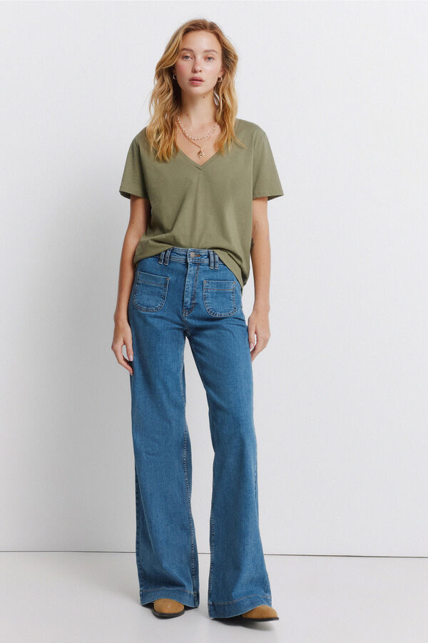 Springfield Playera b&aacute;sica cuello en pico de algod&oacute;n kaki
