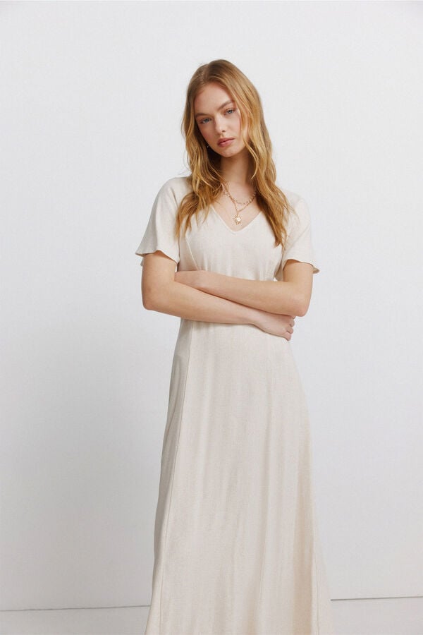 Springfield Vestido midi de lino cruzado en la espalda beige