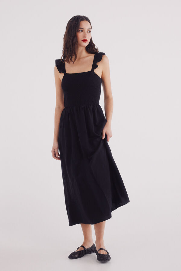Springfield Vestido midi tirantes volante lino  negro