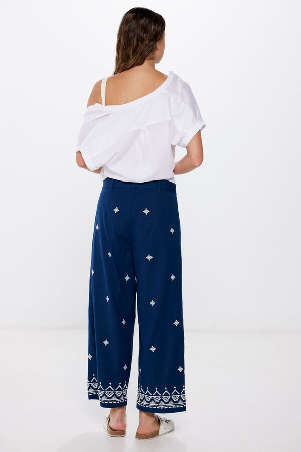 Springfield Pantalones bordados algodón lino marino
