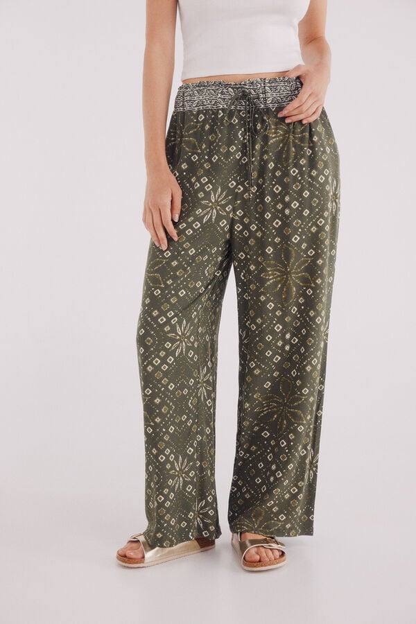 Springfield Pantalón fluido palazzo estampado kaki