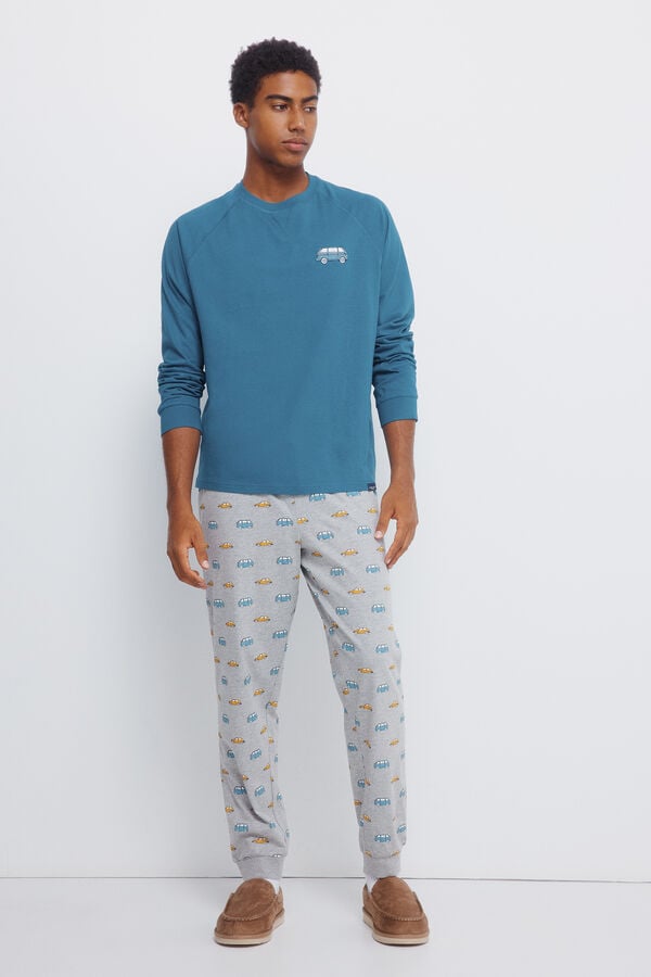 Springfield Pijama larga de manga ranglán larga con pantalón de coche azul