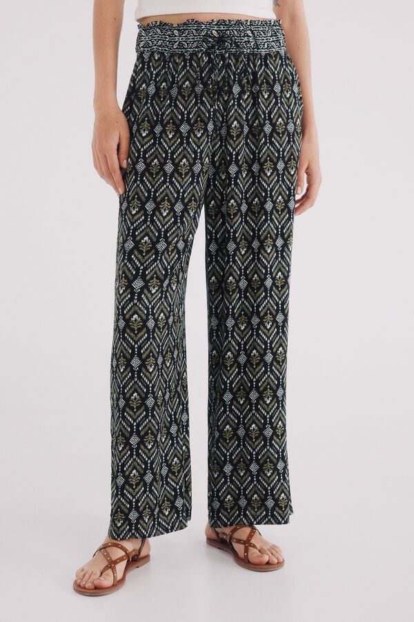 Springfield Pantalón fluido palazzo estampado negro