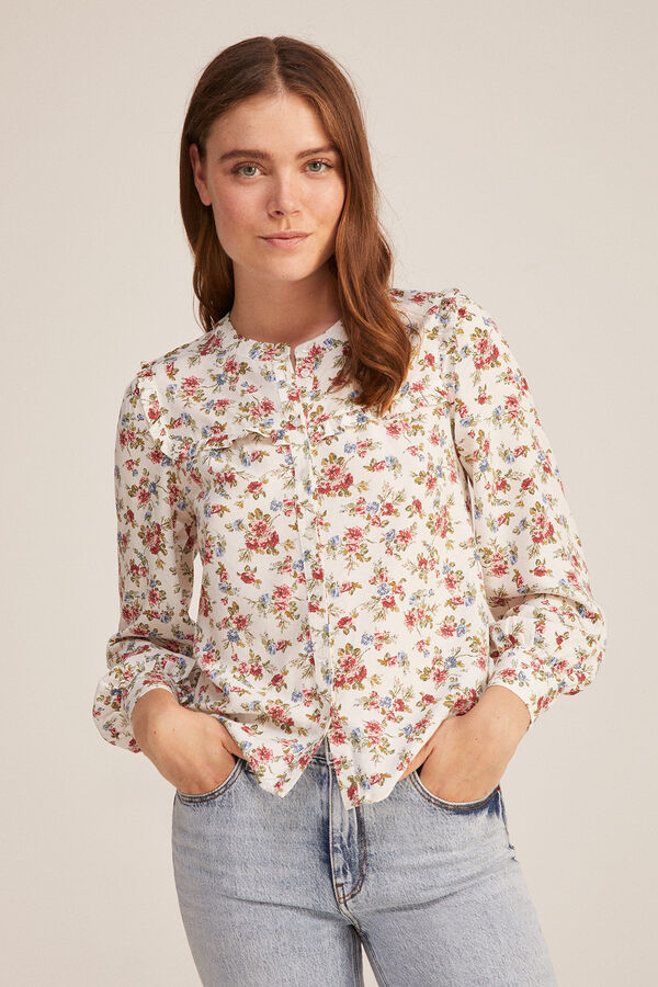 Springfield Blusa Volantes Canesú beige