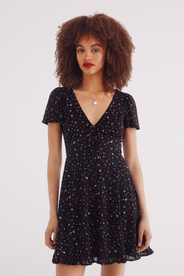 Springfield Vestido corto manga capa estampado negro