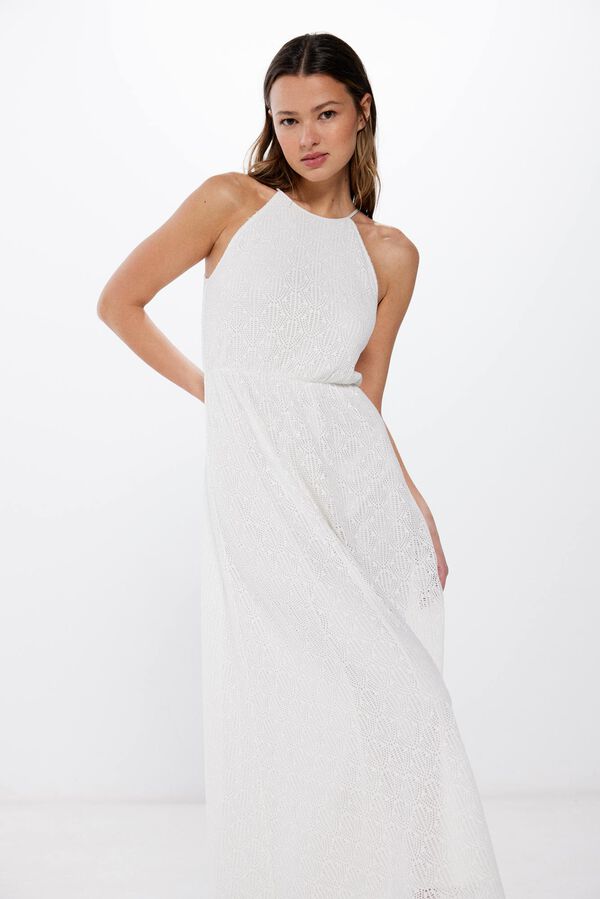 Springfield Vestido largo escote halter crochet blanco