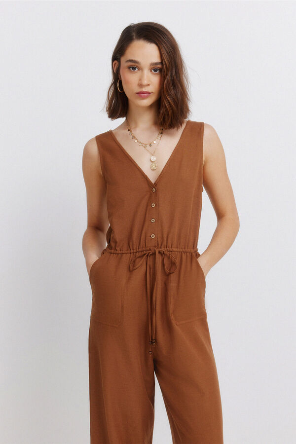 Springfield Jumpsuit sin mangas estampado de lino caf&eacute;