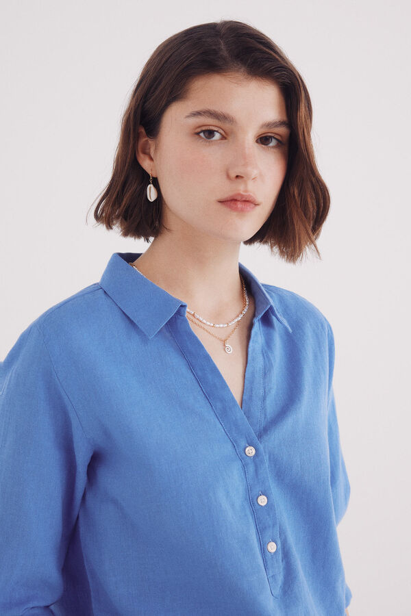 Springfield Blusa polera algodón lino azul