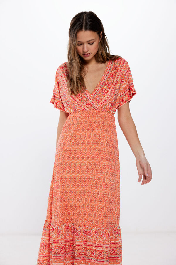 Springfield Vestido midi escote cruce estampado naranja