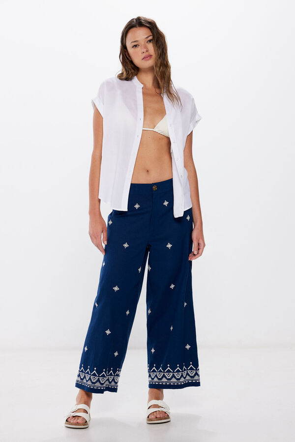 Springfield Pantalones bordados algodón lino marino