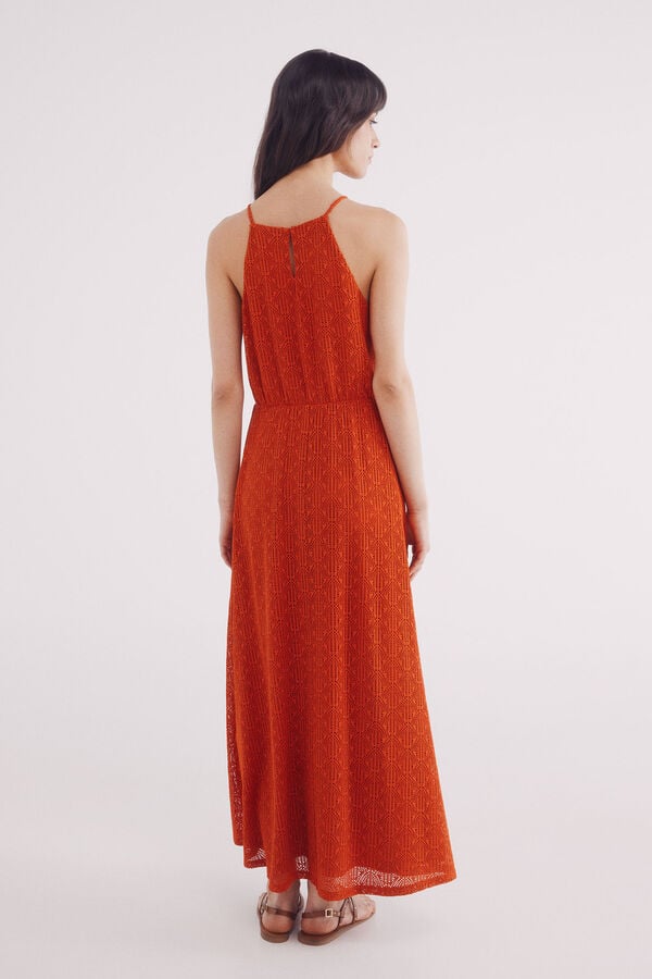 Springfield Vestido midi escote halter crochet naranja