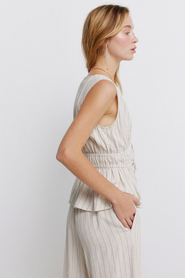 Springfield Pantal&oacute;n largo de lino ancho a rayas caf&eacute;