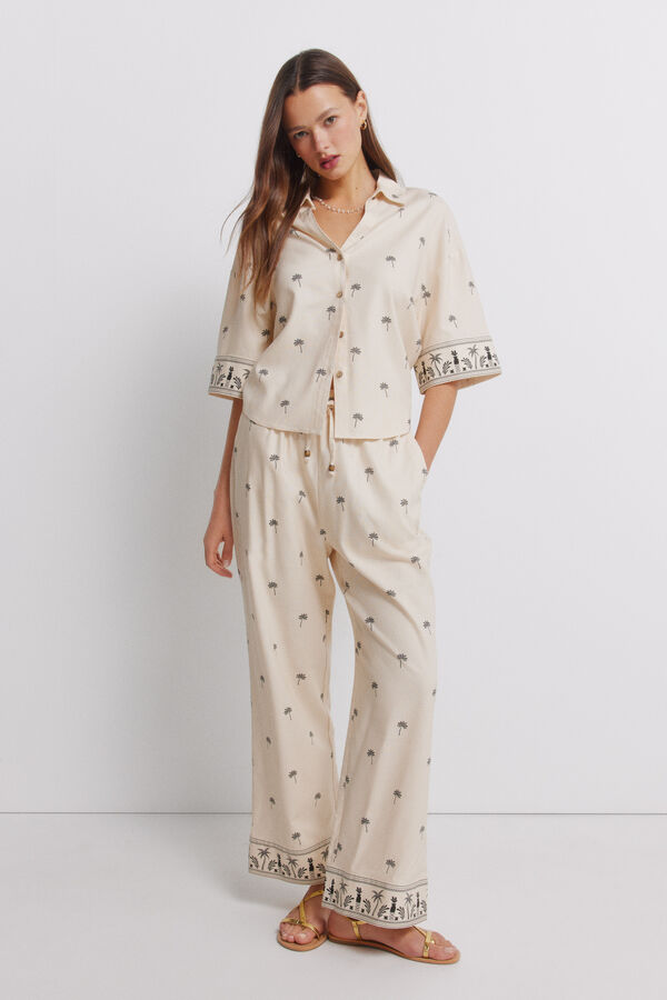 Springfield Pantal&oacute;n de lino estampado caf&eacute;