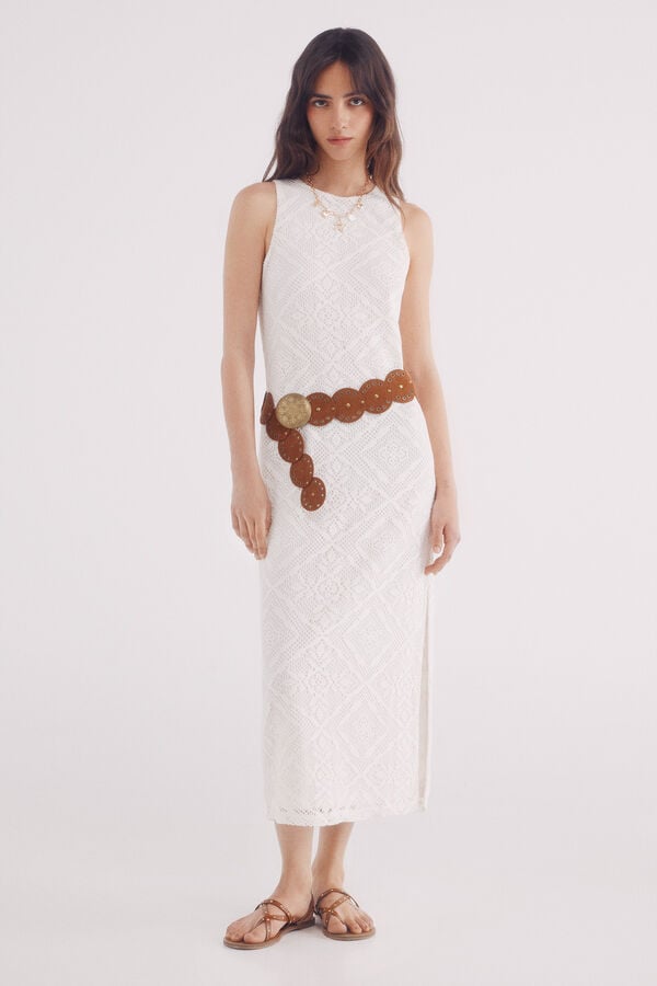 Springfield Vestido midi estructura rombos flores beige
