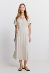 Springfield Vestido midi de lino cruzado en la espalda beige