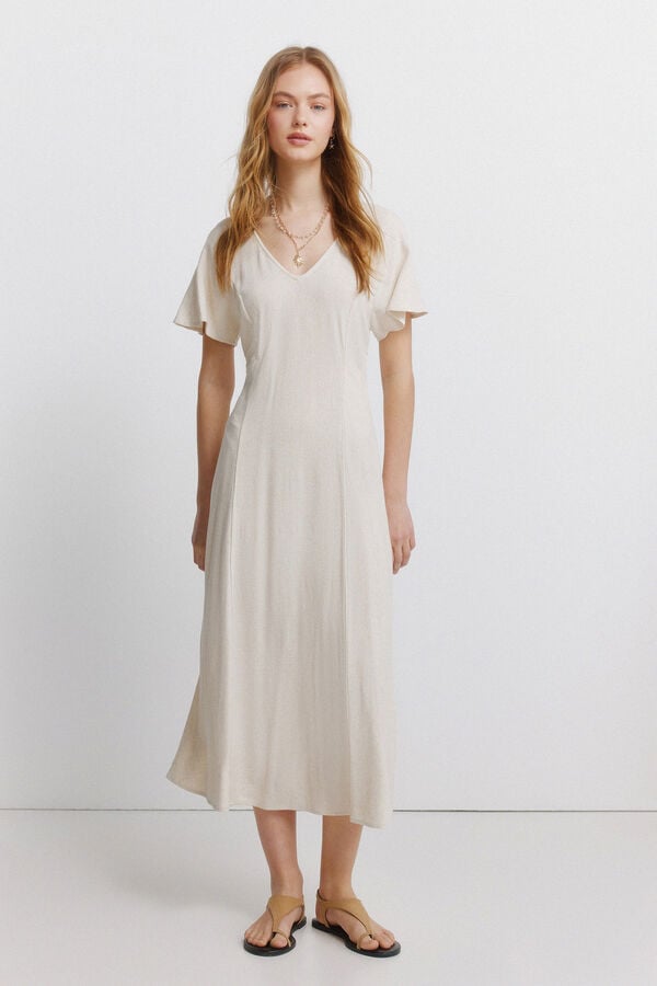 Springfield Vestido midi de lino cruzado en la espalda beige