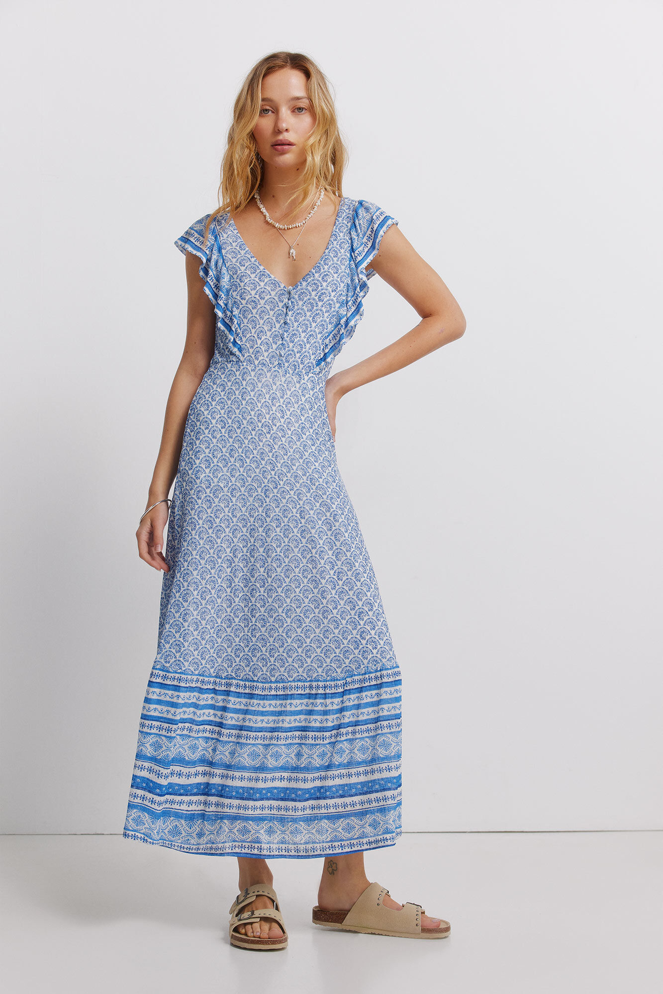Springfield Vestido de tirantes con volantes estampado cenefa