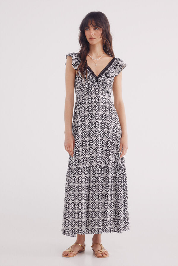 Springfield Vestido midi escote volante lace  negro