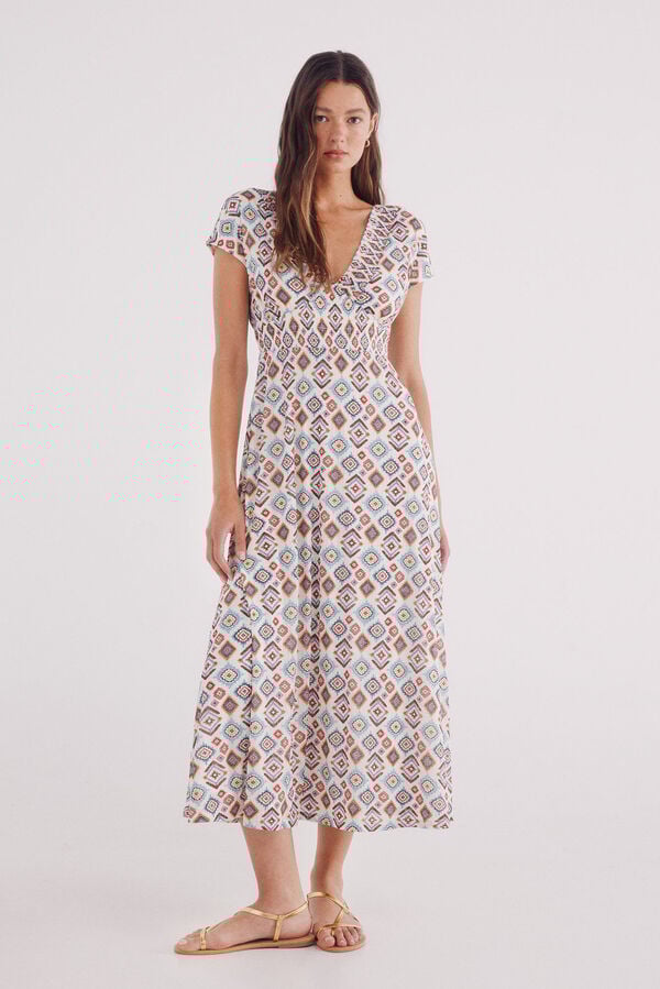 Springfield Vestido midi estampado rombos irregulares beige