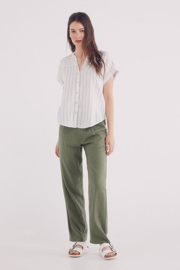 Springfield Blusa escote pico algodón lino café