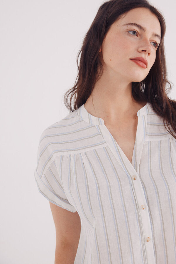 Springfield Blusa escote pico algodón lino café