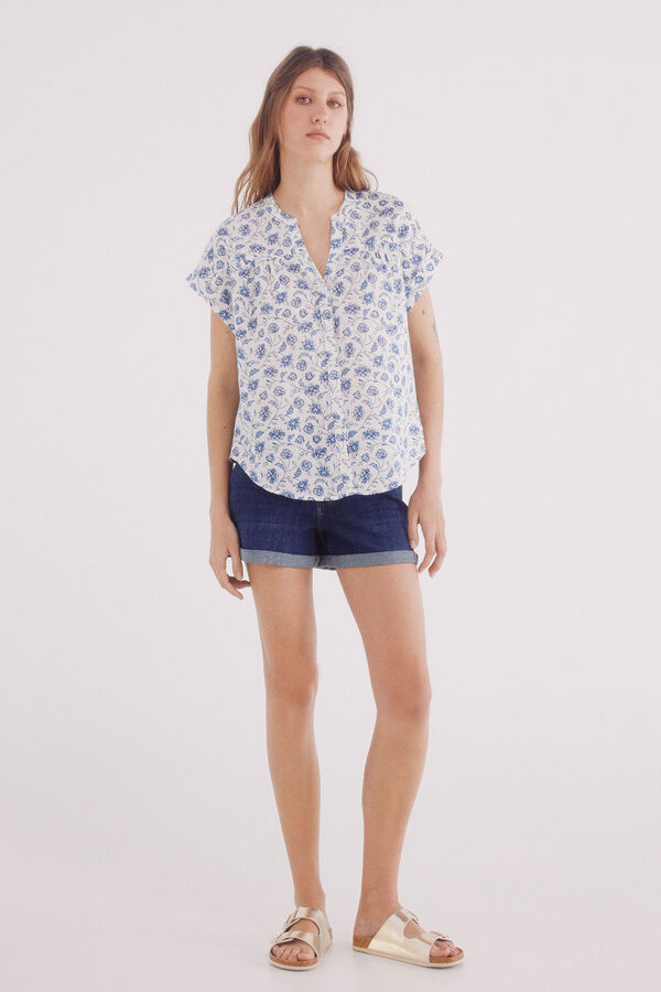 Springfield Blusa escote pico algodón lino azulado