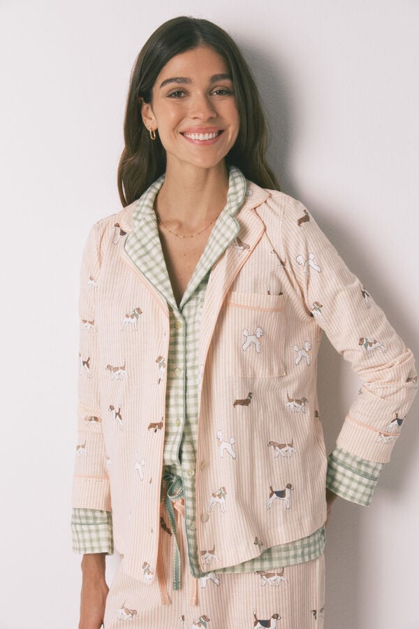 Women'secret Pijama camisera larga de 100% algod&oacute;n estampada de rayas y perritos naranja