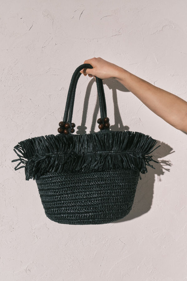 Women'secret Bolsa mediana con flecos de rafia negra negro