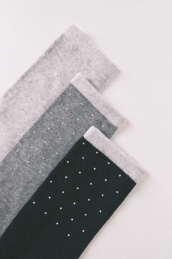 Women'secret Pack de 3 calcetines largos de algodón con mezcla de purpurina gris