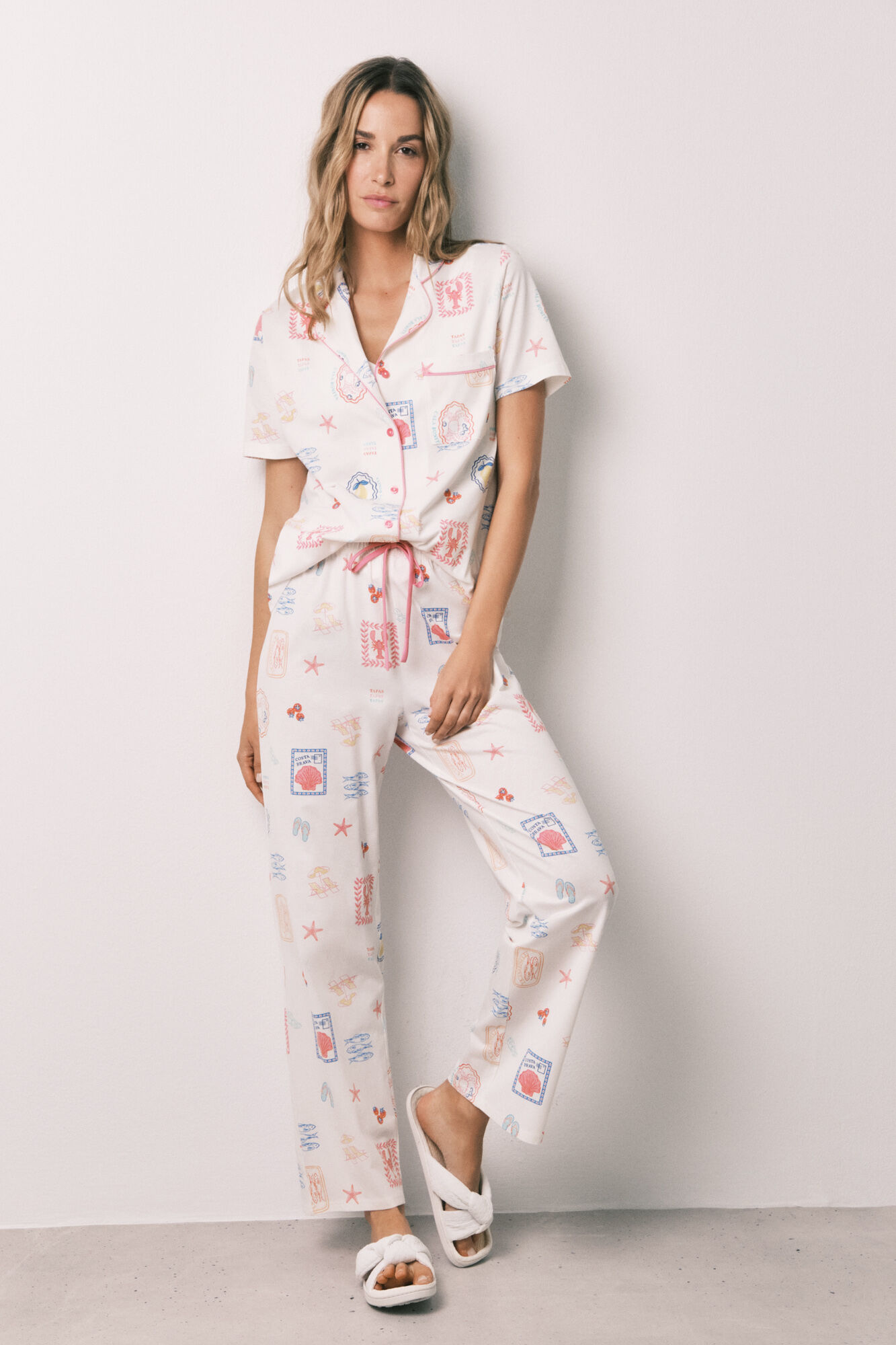 Women'secret Pijama camisera larga estampada multicolor blanca